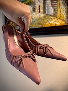 Vintage Dusty Pink Pleated Pointed Toe Sling Back Kitten Heels Bow 37.5 6